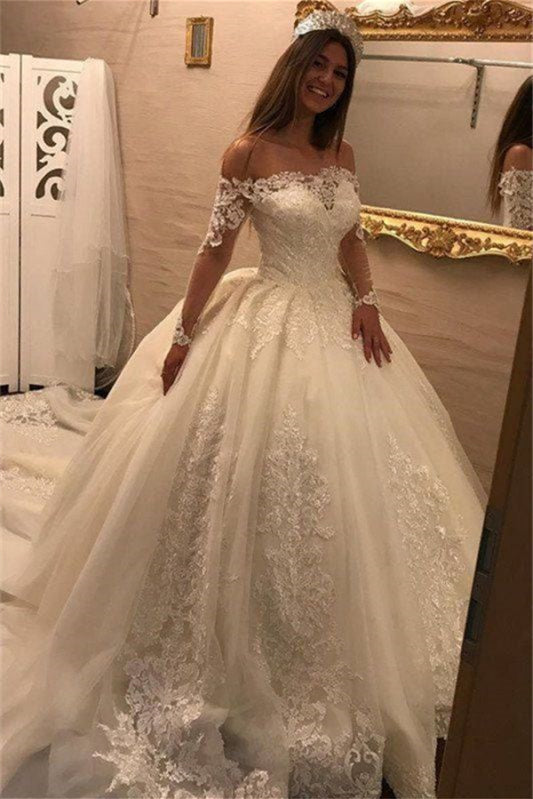 Luxurious Off-the-Shoulder Ball Gown Wedding Dress with Lace Appliques & Long Sleeves