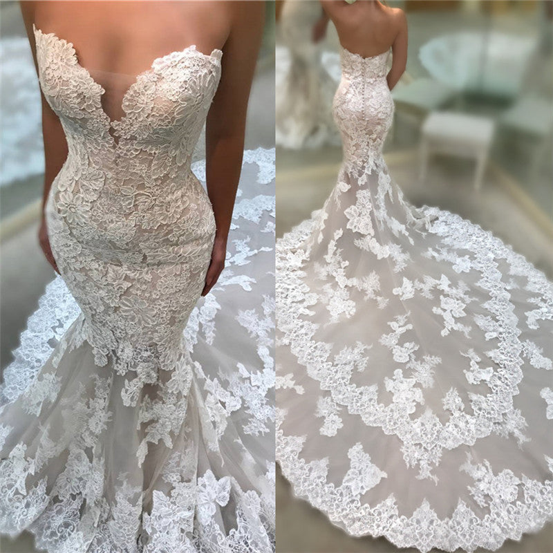 Luxurious V-Neck Backless Long Mermaid Lace Appliques Wedding Dress Strapless