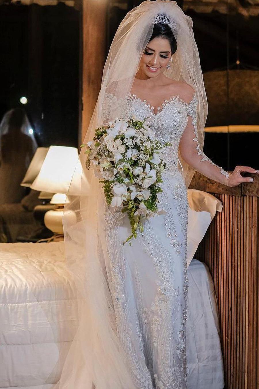 Luxury Long Sleeves Mermaid Off the shoulder Wedding Dress with Appliques Lace