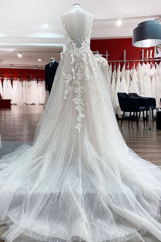 Luxury Tulle V-Neck Wedding Dress with Sequins Lace Appliques