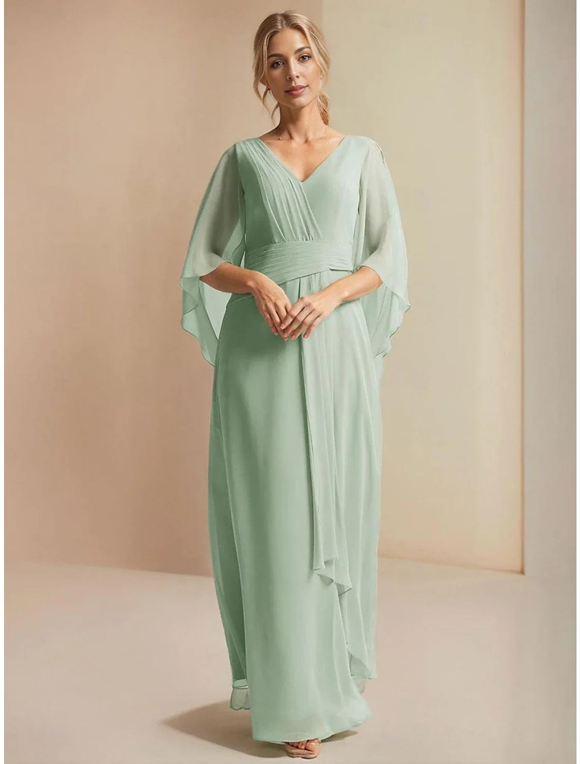 A-Line Mother of the Bride Dress Sage Wedding Guest Elegant Simple Wrap Included V Neck Floor Length Chiffon 3/4 Length Sleeve with Pleats Ruched Ruffles