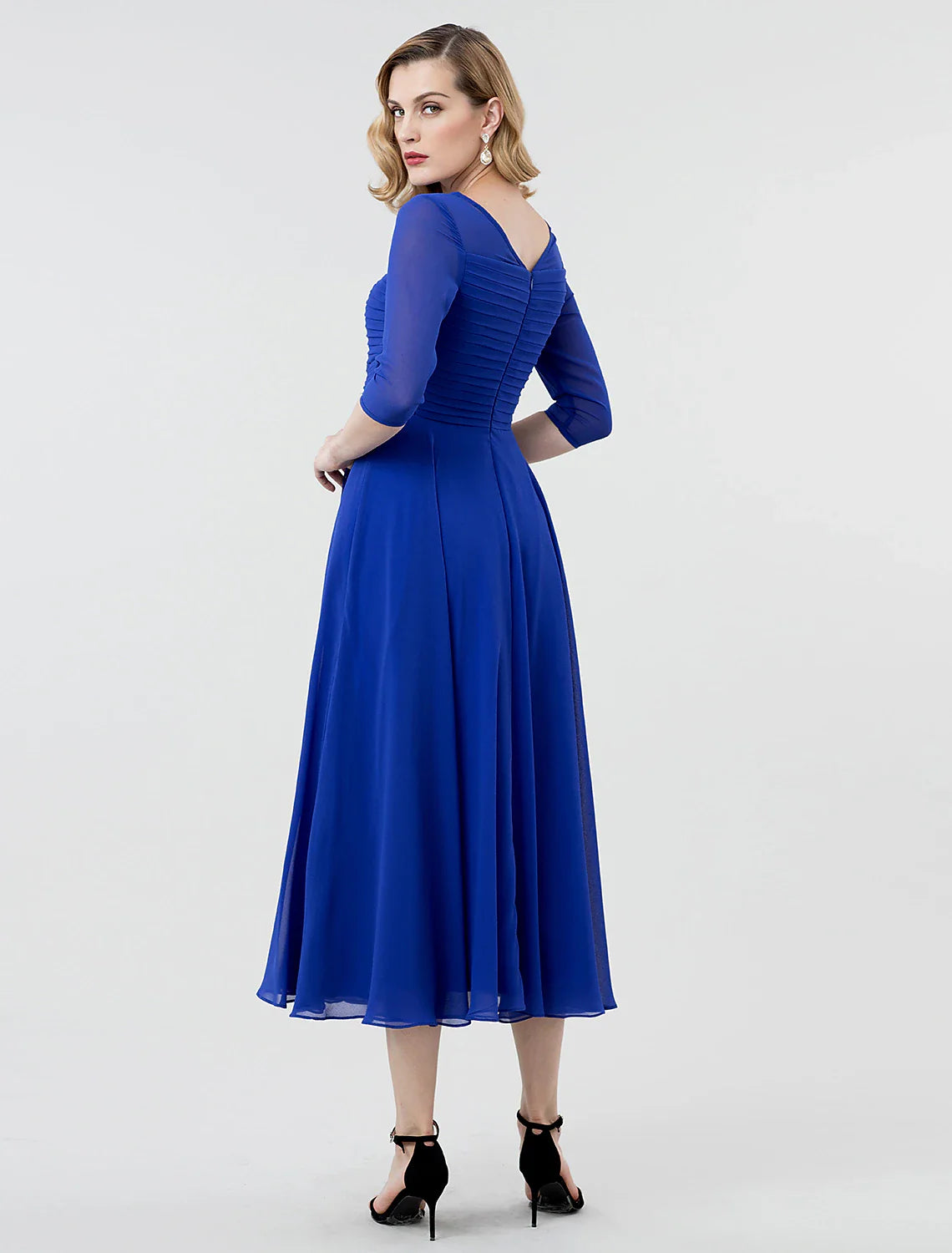 A-Line Elegant Formal Evening Wedding Party Dress Boat Neck 3/4 Length Sleeve Tea Length Georgette with Ruched Crystal Brooch 2024 / Illusion Sleeve