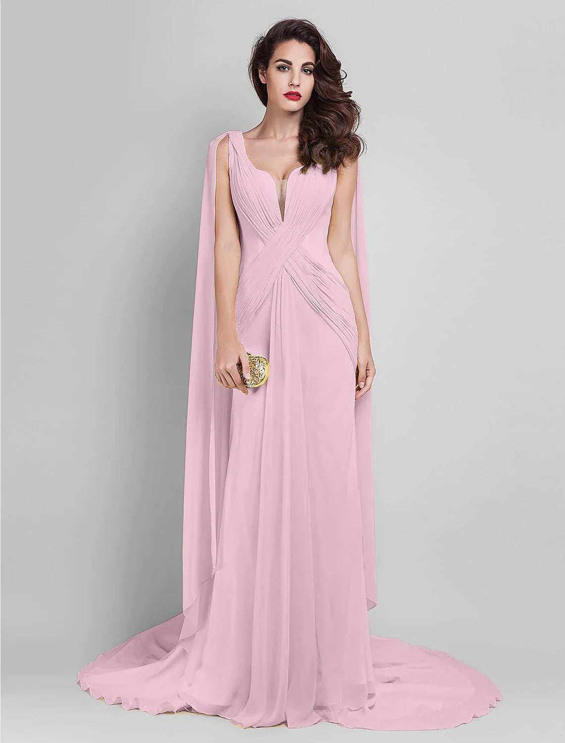 Sheath / Column Elegant Dress Wedding Guest Prom Court Train Sleeveless Plunging Neck Georgette V Back with Criss Cross Side Draping