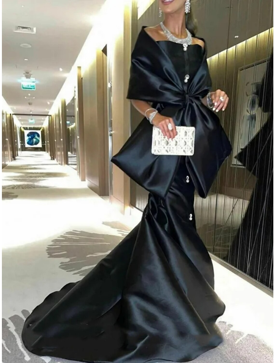 Mermaid / Trumpet Evening Gown Elegant Dress Formal Court Train Half Sleeve Off Shoulder Satin with Bow(s) Slit
