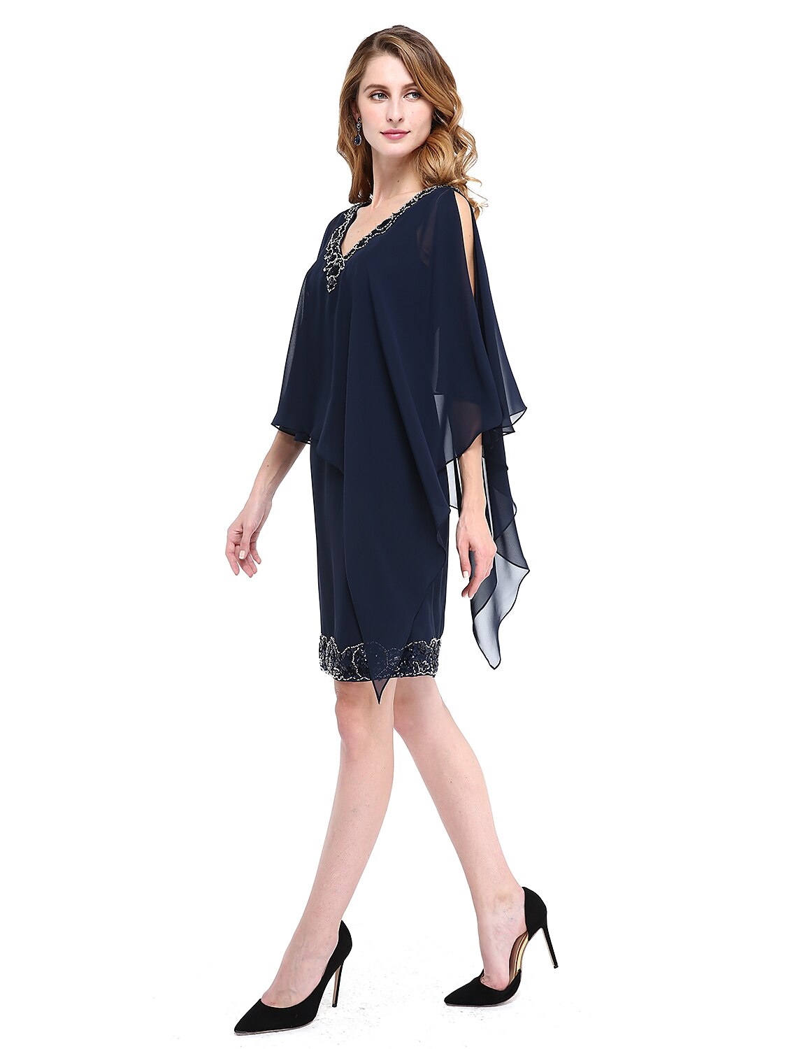 Aimishang  Sheath / Column Mother of the Bride Dress V Neck Knee Length Chiffon Sleeveless No with Beading Sequin