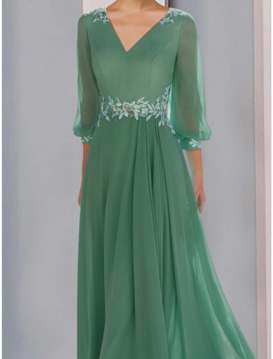 Aimishang A-Line Mother of the Bride Dress Wedding Guest Elegant V Neck Ankle Length Chiffon Lace 3/4 Length Sleeve with Ruching Solid Color