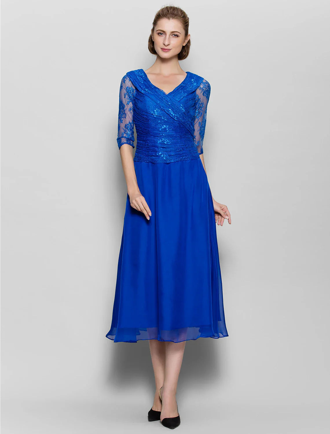 Aimishang  A-Line Mother of the Bride Dress Plus Size Elegant V Neck Tea Length Chiffon Lace Half Sleeve No with Lace Criss Cross Ruched