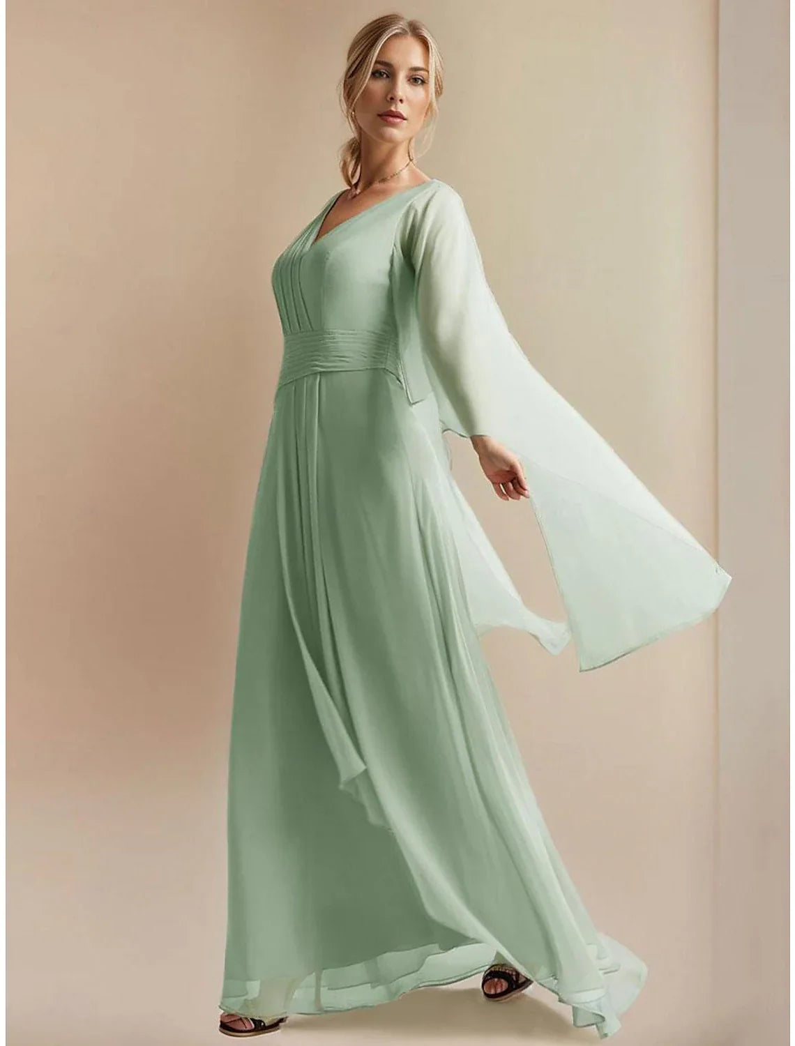 A-Line Mother of the Bride Dress Sage Wedding Guest Elegant Simple Wrap Included V Neck Floor Length Chiffon 3/4 Length Sleeve with Pleats Ruched Ruffles