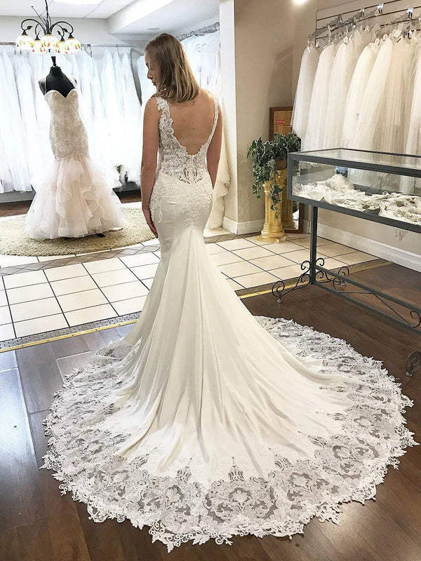 Mermaid Deep-V Chapel Train Satin Appliqued Wedding Dresses Sleeveless Elegant Wholesale
