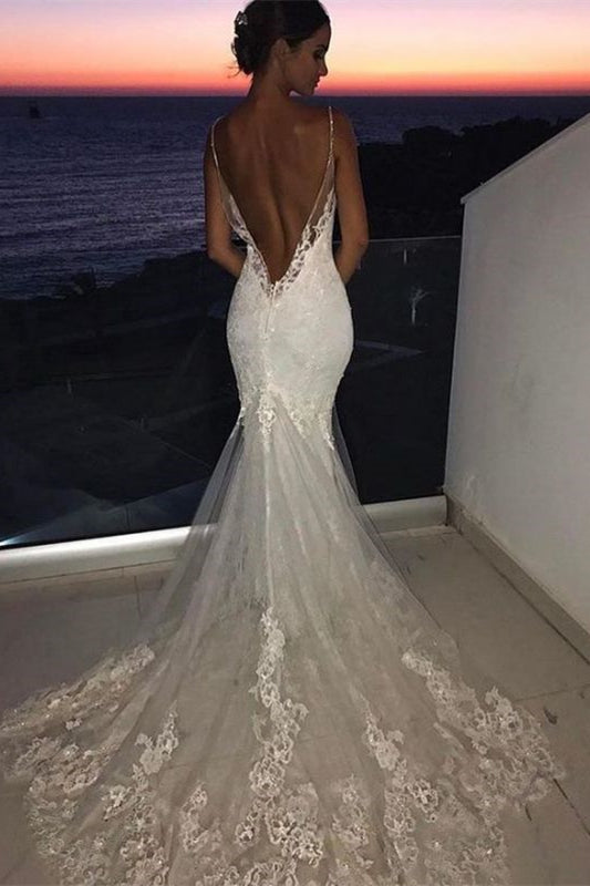 Mermaid Lace Wedding Dress On Sale with Charming Spaghetti-Straps and Appliques
