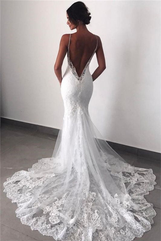 Mermaid Lace Wedding Dress On Sale with Charming Spaghetti-Straps and Appliques