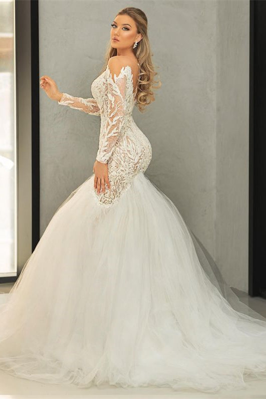 Mermaid Long Sleeves V-Neck Tulle Lace Wedding Dress - New Arrival