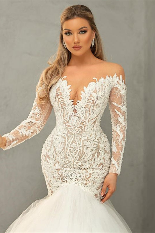 Mermaid Long Sleeves V-Neck Tulle Lace Wedding Dress - New Arrival