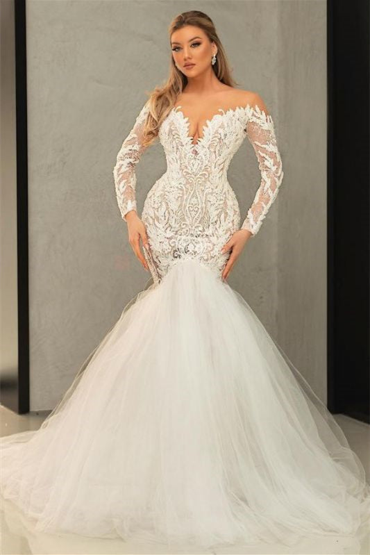 Mermaid Long Sleeves V-Neck Tulle Lace Wedding Dress - New Arrival