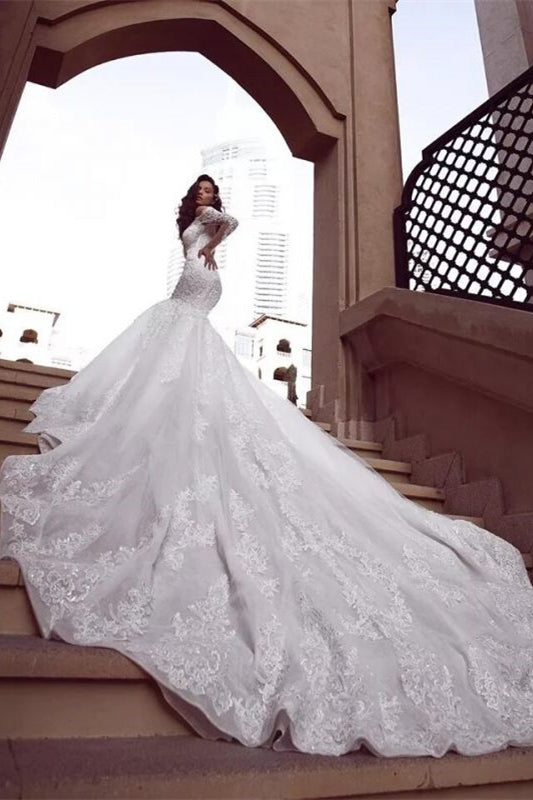 Mermaid Long Sleeves Wedding Dress with Charming Off-the-Shoulder and Lace Appliques