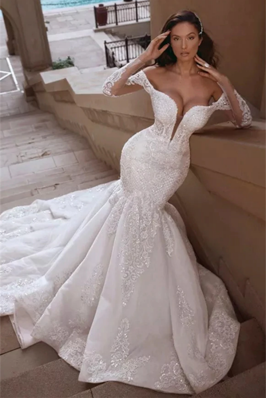 Mermaid Long Sleeves Wedding Dress with Charming Off-the-Shoulder and Lace Appliques