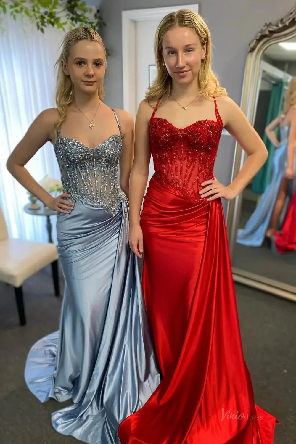 Mermaid Satin Prom Dresses 2025 with Slit, Sparkly Lace & Spaghetti Strap Bodice – FD5042