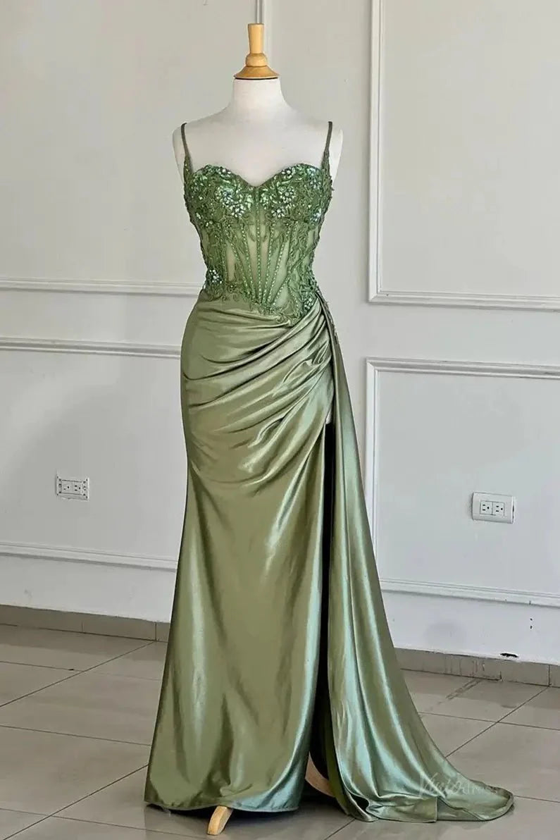 Mermaid Satin Prom Dresses 2025 with Slit, Sparkly Lace & Spaghetti Strap Bodice – FD5042