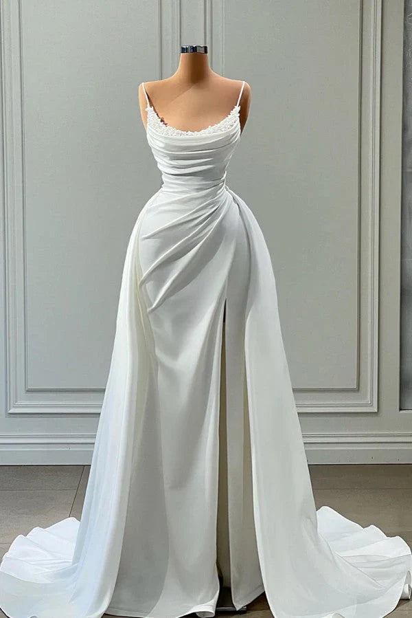 Mermaid Spaghetti Strap Floor Length Sleeveless High Split With Side Train Prom Dress Wedding Dress Elegant