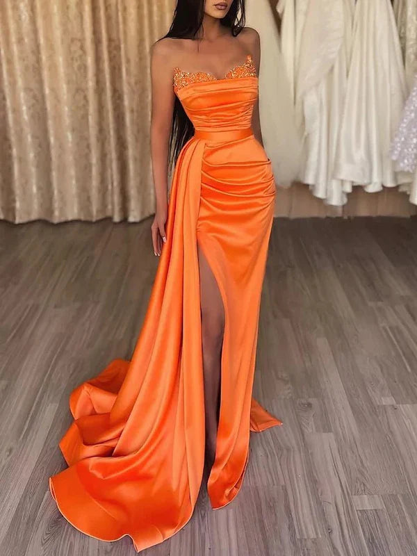 Mermaid Evening Gown Sexy Dress Prom Court Train Sleeveless Strapless Satin with Slit Pure Color