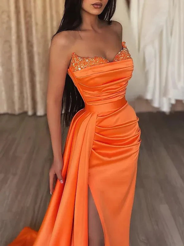 Mermaid Evening Gown Sexy Dress Prom Court Train Sleeveless Strapless Satin with Slit Pure Color