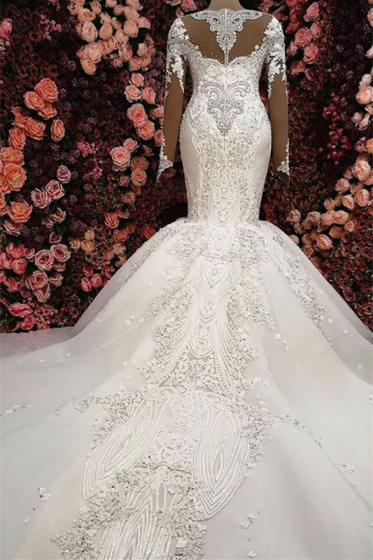 Mermaid Wedding Dress Lace Appliques With Beadings - Sweetheart Long Sleeves New Arrival