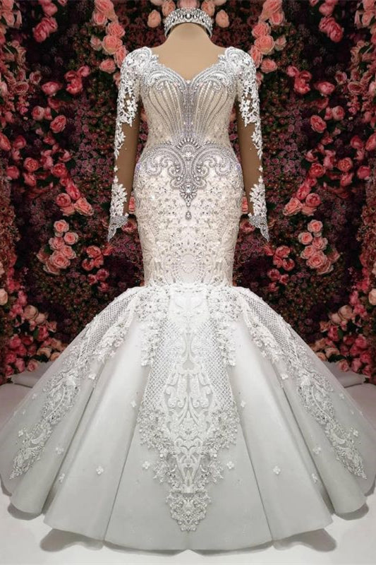 Mermaid Wedding Dress Lace Appliques With Beadings - Sweetheart Long Sleeves New Arrival