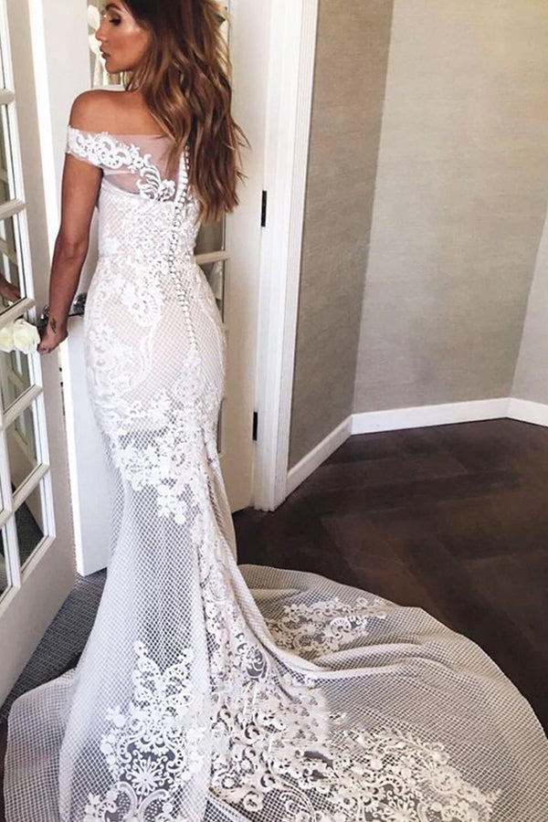 Mermaid Wedding Dress With Appliques and Off-the-Shoulder Sweep Train