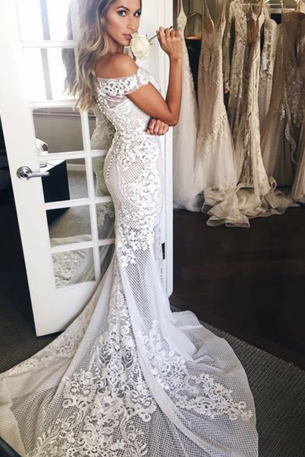 Mermaid Wedding Dress With Appliques and Off-the-Shoulder Sweep Train