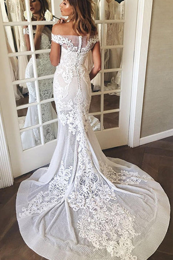 Mermaid Wedding Dress With Appliques and Off-the-Shoulder Sweep Train