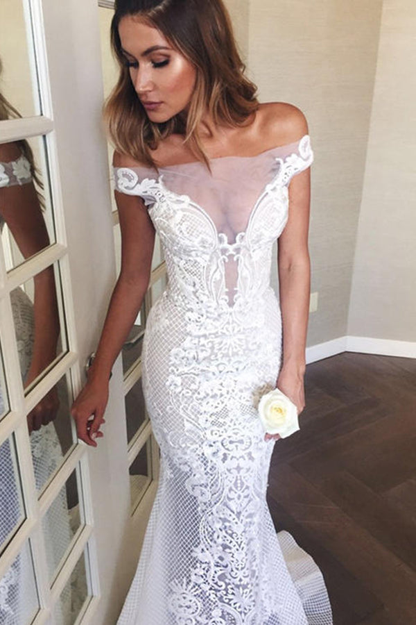 Mermaid Wedding Dress With Appliques and Off-the-Shoulder Sweep Train