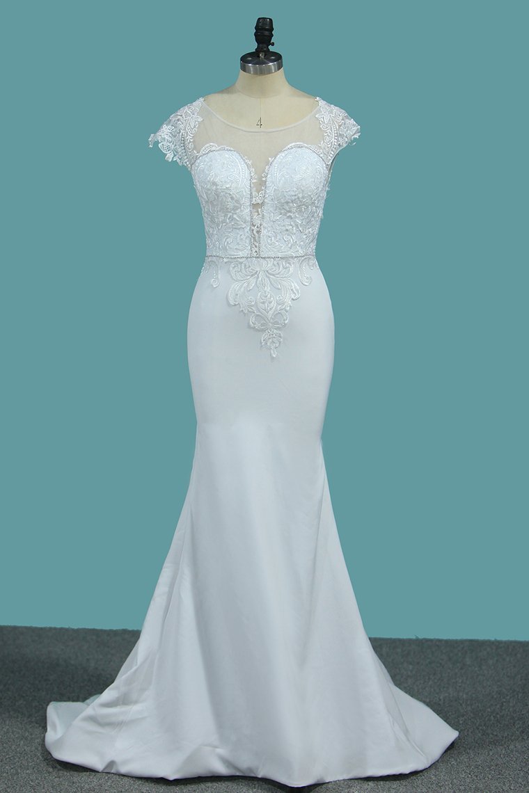 Mermaid Wedding Dress with Chic Bateau Beadings and Lace Appliques