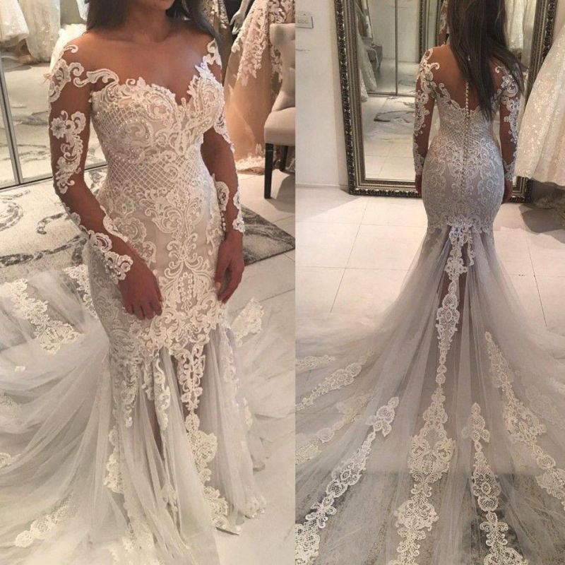 Mermaid Wedding Dress with Lace Appliques and Off-the-Shoulder Beads Long Sleeves
