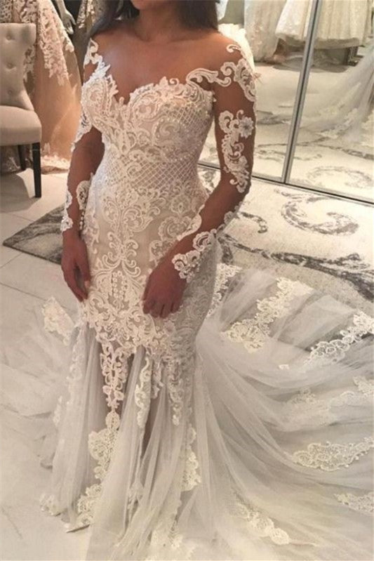 Mermaid Wedding Dress with Lace Appliques and Off-the-Shoulder Beads Long Sleeves