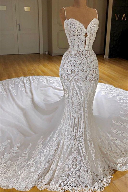 Mermaid Wedding Dress with Lace Appliques - Charming Spaghetti-Straps