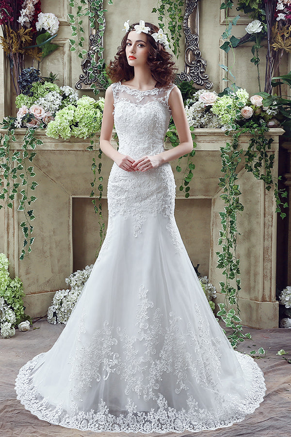 Mermaid V Back Long White Wedding Dress with Appliques