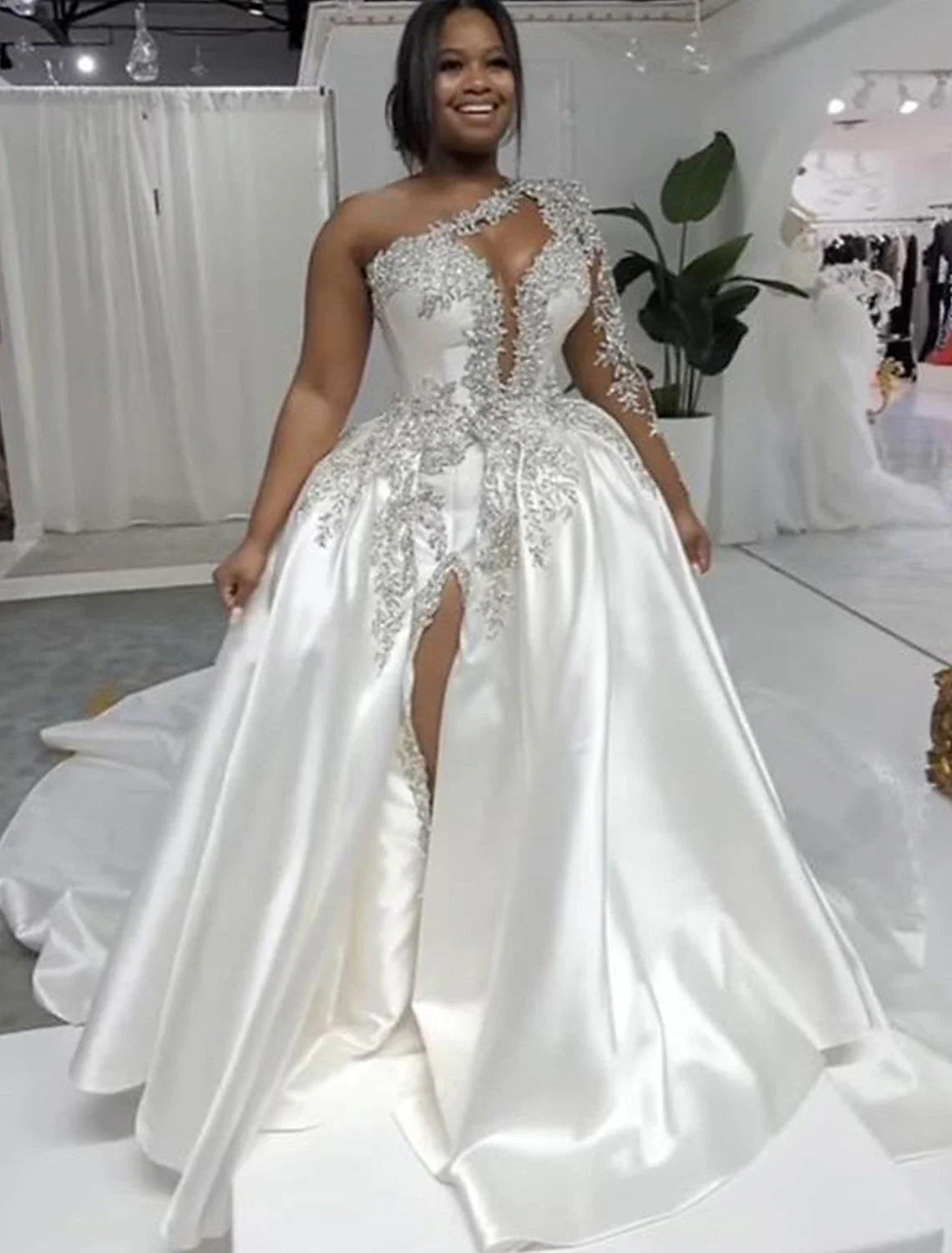 Aimishang Formal Wedding Dresses Ball Gown One Shoulder Regular Straps Court Train Satin Bridal Gowns With Beading Split Front