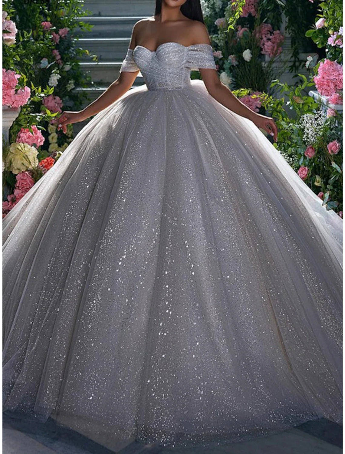 Aimishang Engagement Sparkle & Shine Formal Wedding Dresses Ball Gown Off Shoulder Cap Sleeve Chapel Train Sequined Bridal Gowns With Solid Color