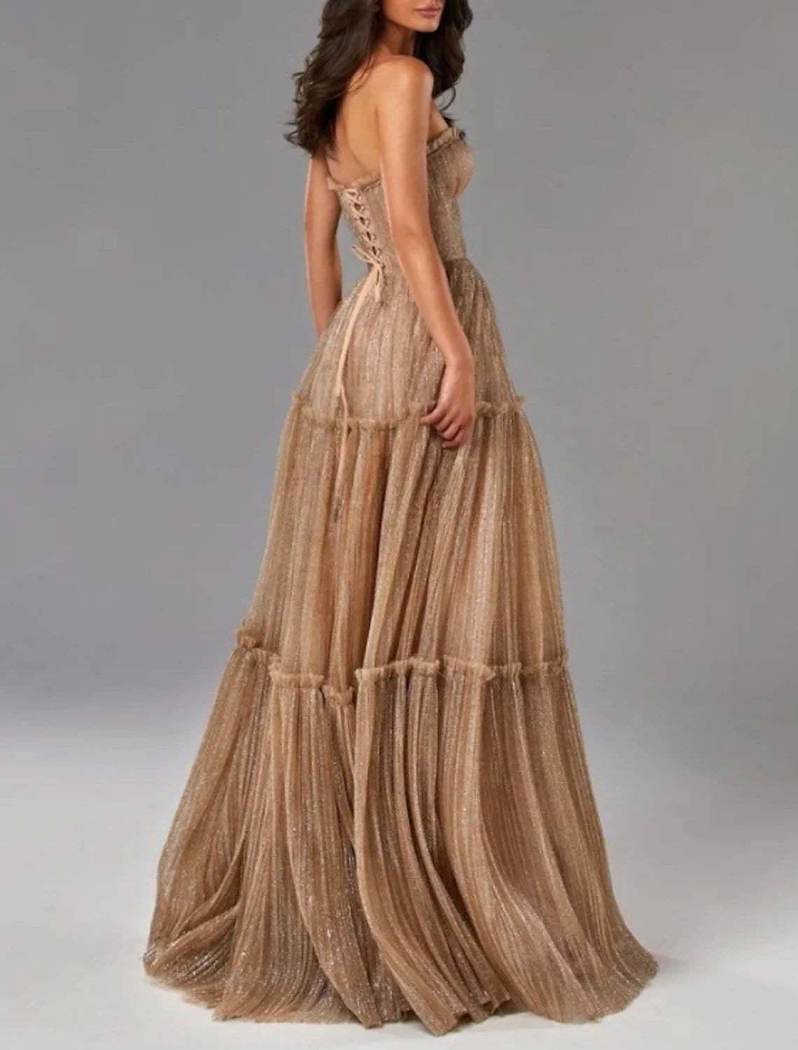 A-Line Evening Gown Glittering Dress Formal Wedding Guest Floor Length Sleeveless Strapless Tulle with Pleats 2025