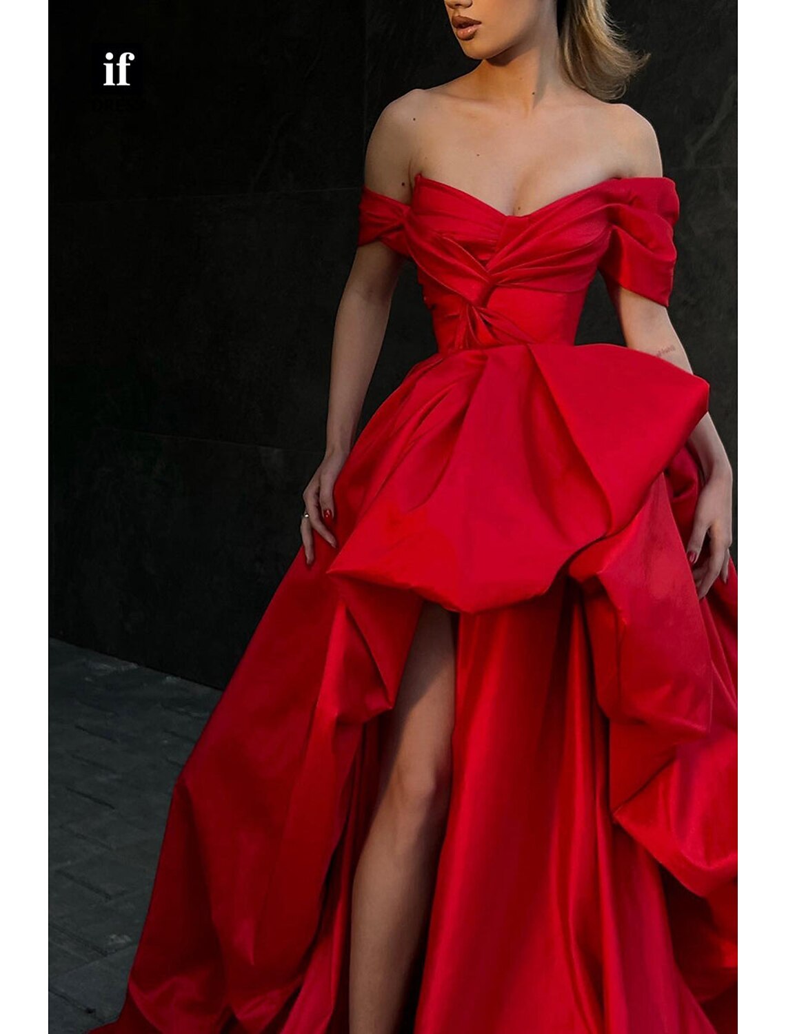 A-Line Evening Gown Party Dress Red Green Dress Masquerade Prom Sweep / Brush Train Sleeveless Off Shoulder Satin with Slit