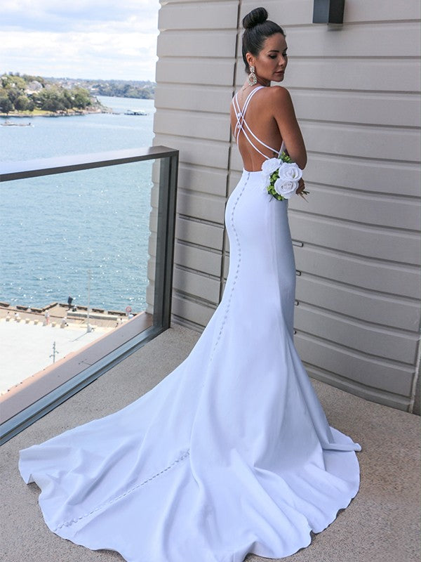 Aimishang  Sheath/Column Stretch Crepe V-neck Ruched Sleeveless Sweep/Brush Train Wedding Dresses