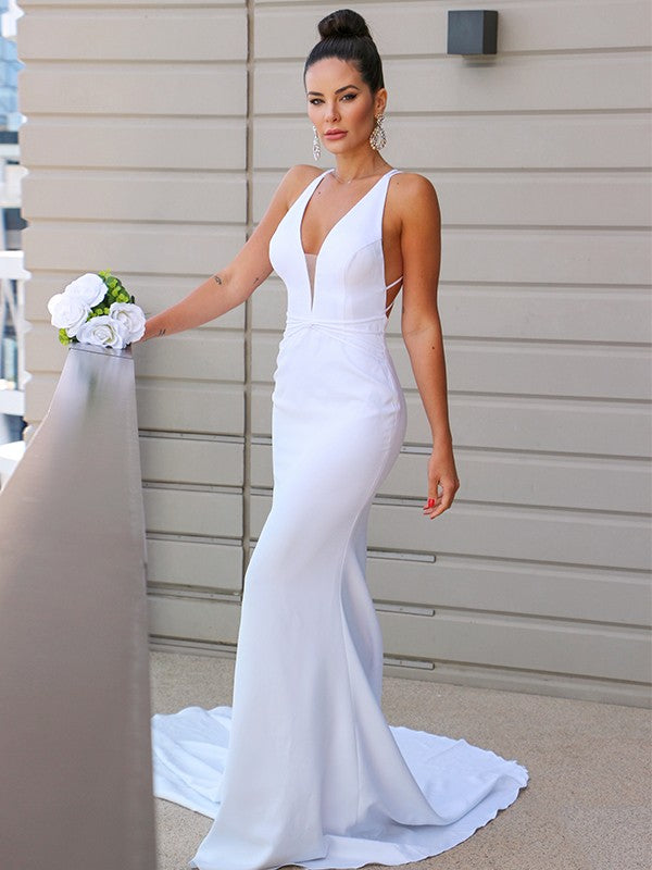 Aimishang  Sheath/Column Stretch Crepe V-neck Ruched Sleeveless Sweep/Brush Train Wedding Dresses