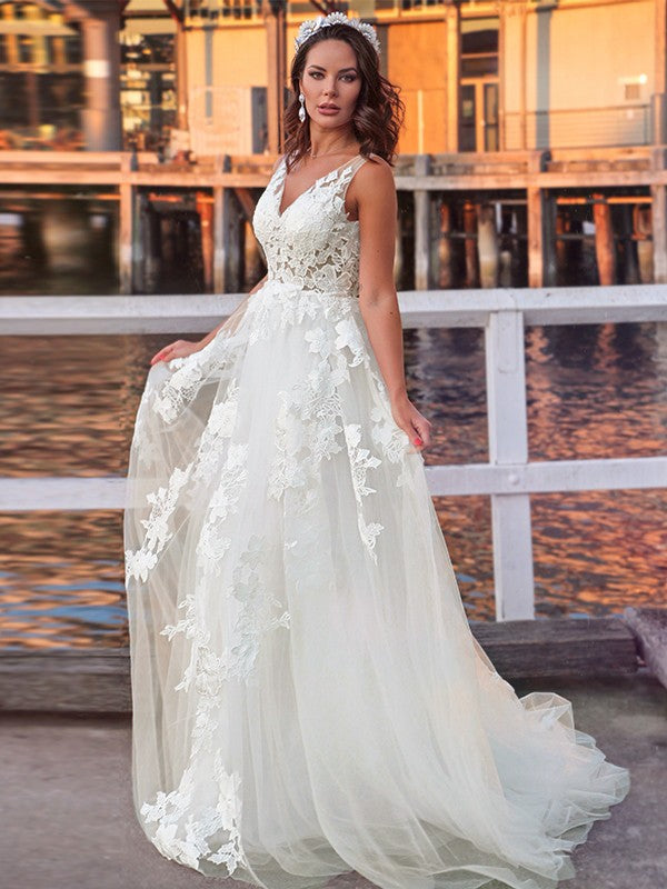 Aimishang  A-Line/Princess Tulle Sleeveless Applique V-neck Sweep/Brush Train Wedding Dresses