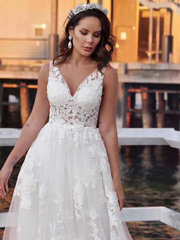 Aimishang  A-Line/Princess Tulle Sleeveless Applique V-neck Sweep/Brush Train Wedding Dresses