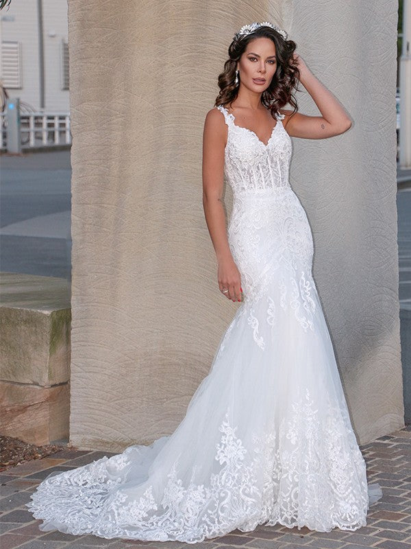 Aimishang  Trumpet/Mermaid Tulle V-neck Sleeveless Applique Sweep/Brush Train Wedding Dresses