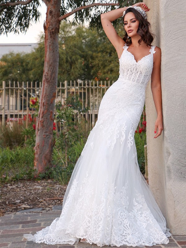 Aimishang  Trumpet/Mermaid Tulle V-neck Sleeveless Applique Sweep/Brush Train Wedding Dresses