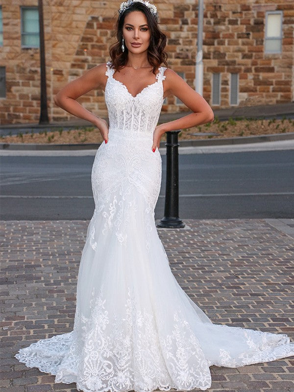 Aimishang  Trumpet/Mermaid Tulle V-neck Sleeveless Applique Sweep/Brush Train Wedding Dresses