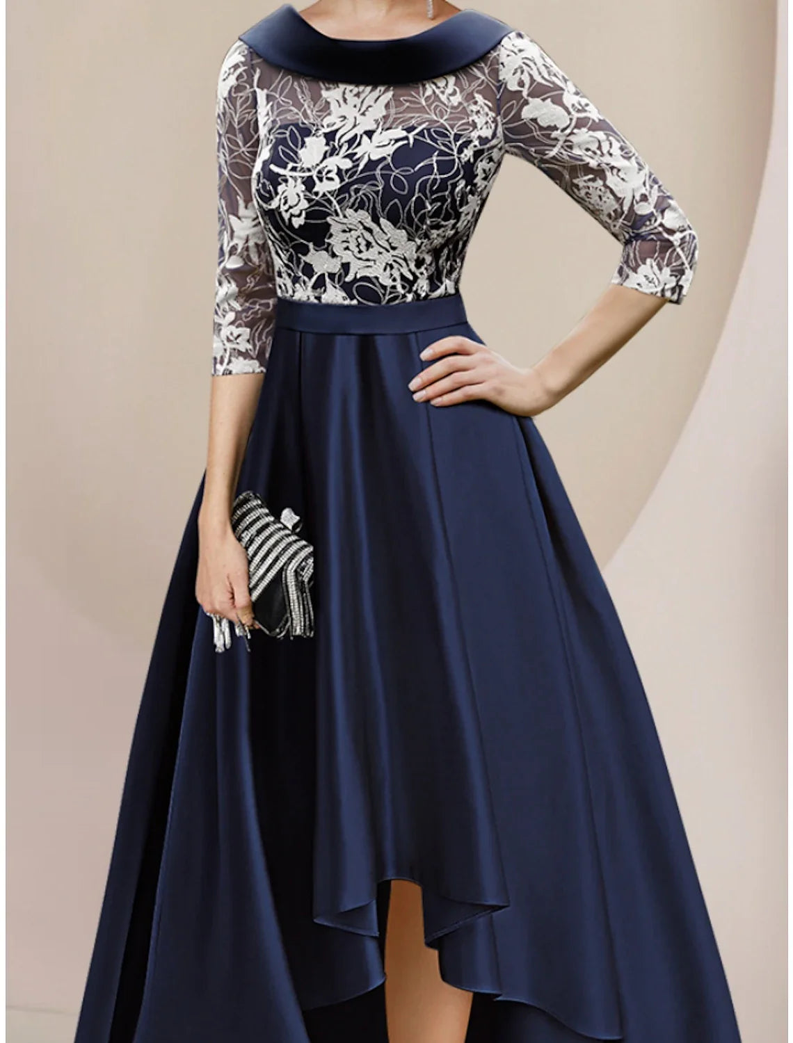 Aimishang  A-Line Mother of the Bride Dress Wedding Guest Elegant Scoop Neck Asymmetrical Ankle Length Satin Lace Half Sleeve with Ruching