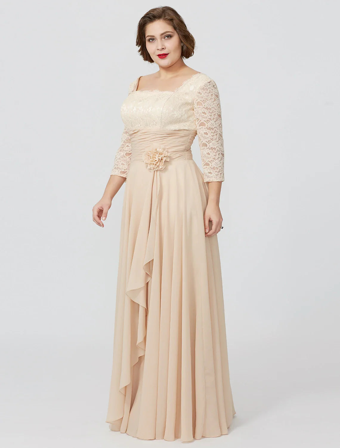 Aimishang  Sheath / Column Mother of the Bride Dress Formal Classic & Timeless Elegant & Luxurious Plus Size Square Neck Floor Length Chiffon Metallic Lace 3/4 Length Sleeve No with Sash / Ribbon Flower