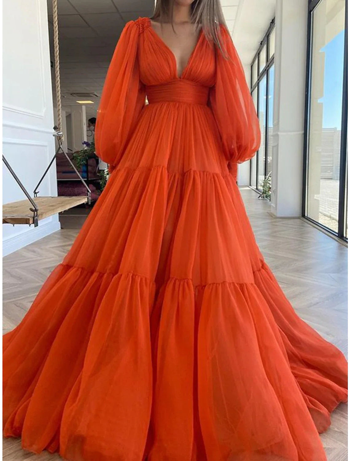 A-Line Evening Gown Elegant Dress Red Green Dress Formal Wedding Guest Floor Length Long Sleeve V Neck Chiffon with Ruched
